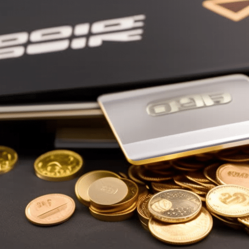 Al wallet full of various coins and a credit card in the foreground, with a bitcoin logo in the background