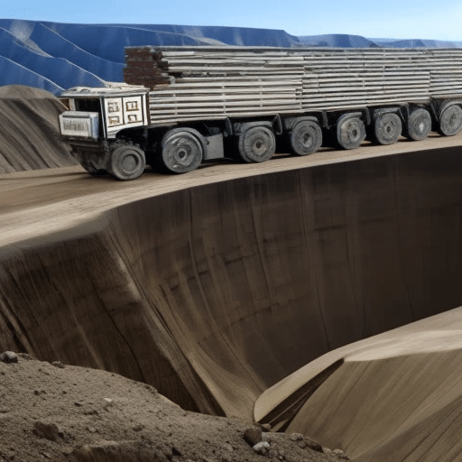 mining truck in front of a deep open-pit mine, with a stack of ore-filled containers to the side