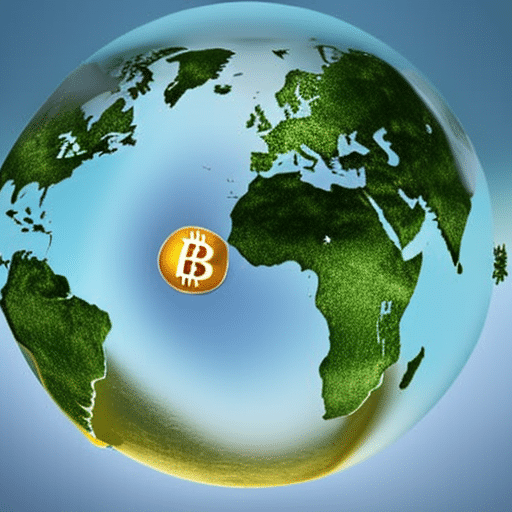 Ract image of a global map with a bitcoin symbol radiating outward from the center
