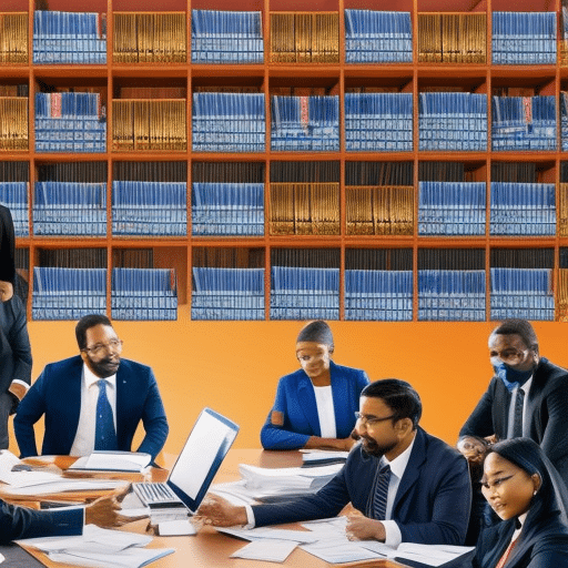 An image depicting a diverse group of professionals engaged in a discussion at a roundtable, surrounded by stacks of legal documents, charts, and government seals, representing the intricate regulatory aspects of Bitcoin tokenization