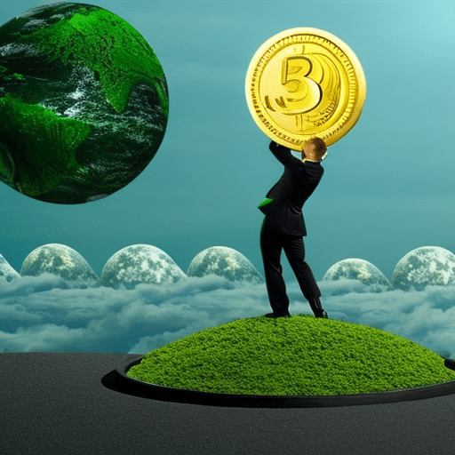 Essperson surrounded by green leaves, pushing a wheelbarrow full of golden coins with a green and blue planet in the background