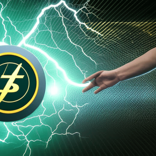 With a lightning bolt emerging from it, reaching out to a crypto coin, surrounded by green energy symbols
