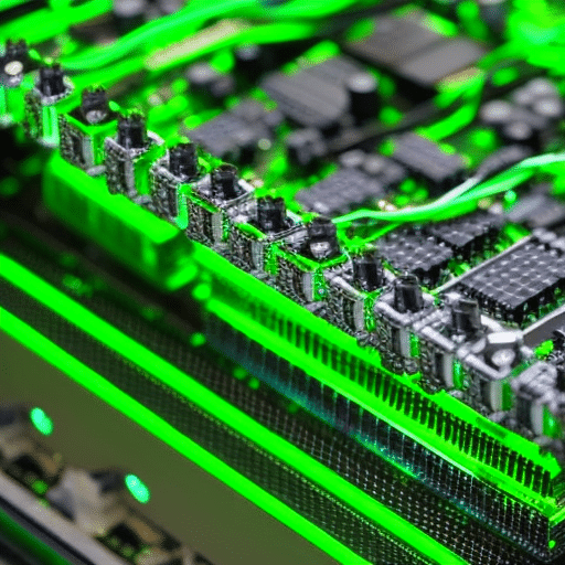 -up of a computer motherboard with a bright green LED indicating the use of renewable energy certificates powering a crypto mining rig