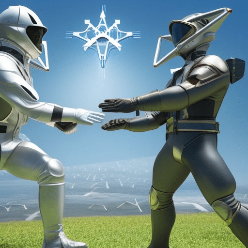 Ic image of a handshake between two people, both wearing futuristic-looking environmental suits, with backgrounds of a field of wind turbines and a map of the world with crypto symbols