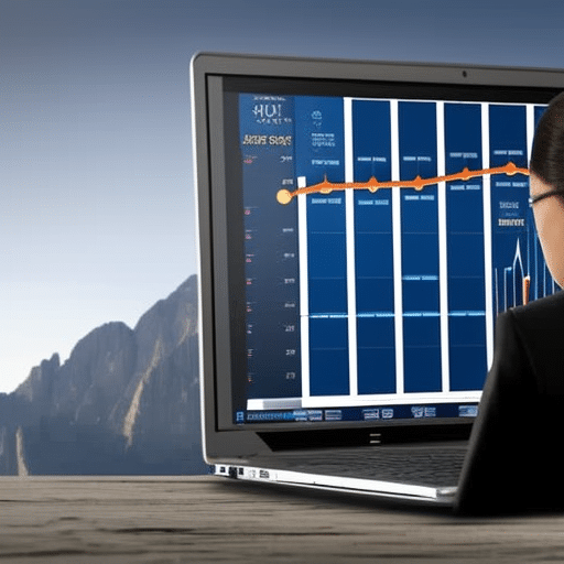 N in a suit, holding a laptop, standing in front of a graph of a crypto stock chart with a magnifying glass, focusing on the peaks and valleys