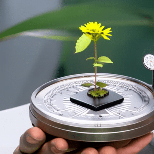 Carefully balancing a scale with a cryptocurrency coin on one side and a blooming plant on the other