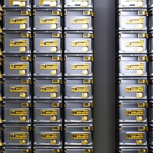 of secured, metal boxes with a sleek, golden lock representing the safe storage of Bitcoin assets