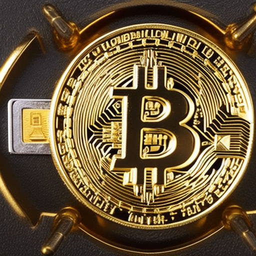 A gold-plated Bitcoin in a locked safe with a padlock and a security system