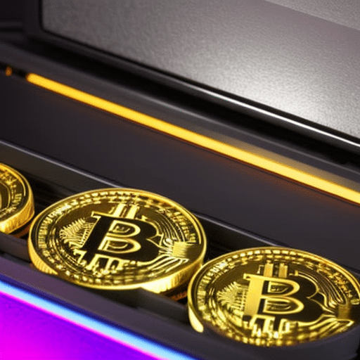 -up of a laptop with a glowing bitcoin logo on the screen, surrounded by a stack of gold coins