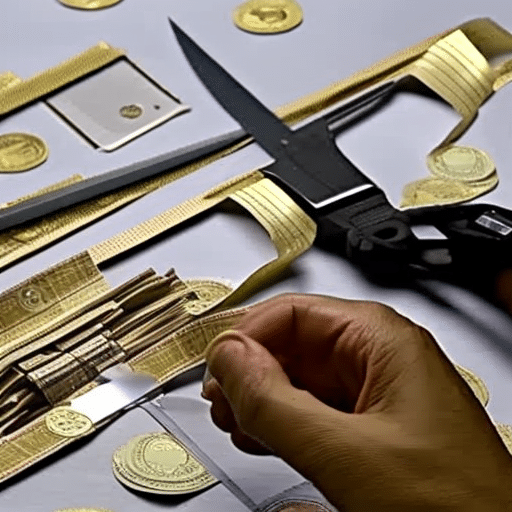 An image of a person carefully cutting out paper wallet components and assembling them together with a strong sense of caution and security