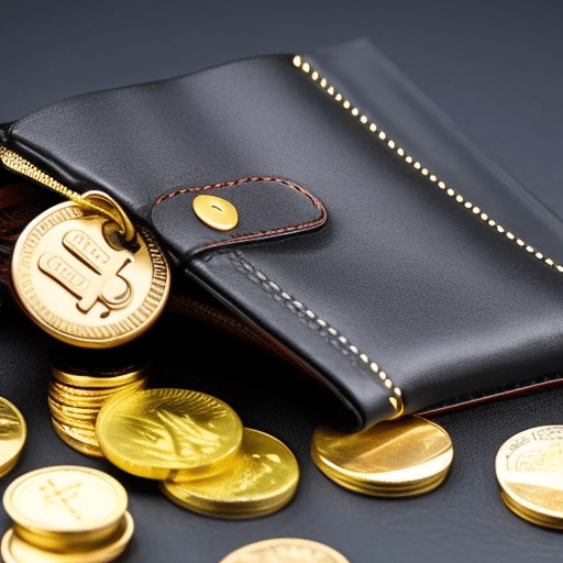 black leather wallet with a padlock attached to the zipper, surrounded by golden coins