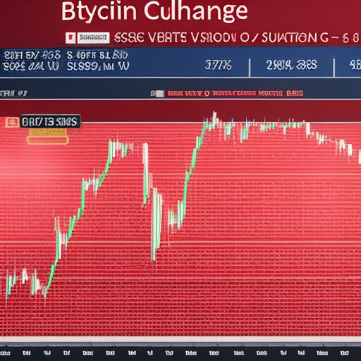 Al currency exchange platform, with a red chart representing the Bitcoin market, showing rising and falling lines of sentiment-based trading signals