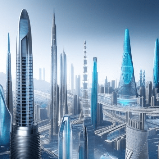 An image showcasing a futuristic cityscape with buildings representing Smart Contracts and Bitcoin Rush, each with distinct architectural features that symbolize their functionalities and potential impact on the financial landscape