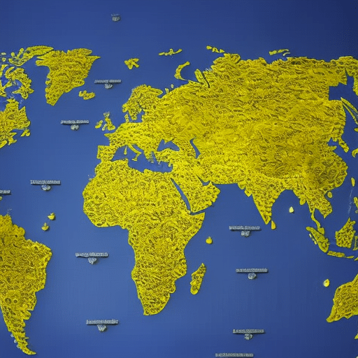 map with Bitcoin nodes radiating from a central point, illuminating the world in a bright yellow light