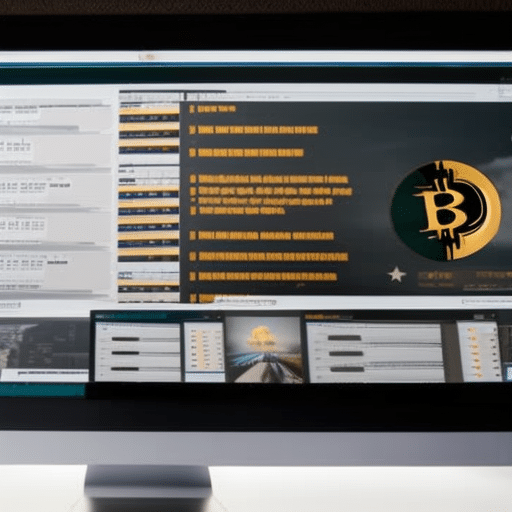 N staring at a computer monitor, hands hovering over a keyboard, with a Bitcoin logo on the screen and a stack of coins in the background