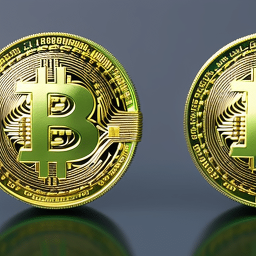 E of two Bitcoin coins, one with a line through it and one with a checkmark, set against a bright green background
