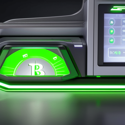 Stration of a futuristic, streamlined payment terminal showing a Bitcoin icon, with a glowing green arrow pointing to a secure connection