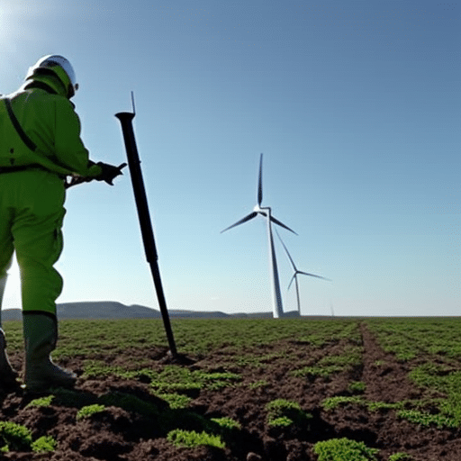 -up of a person in a green mining suit, standing with a pickaxe in a field of solar panels and wind turbines