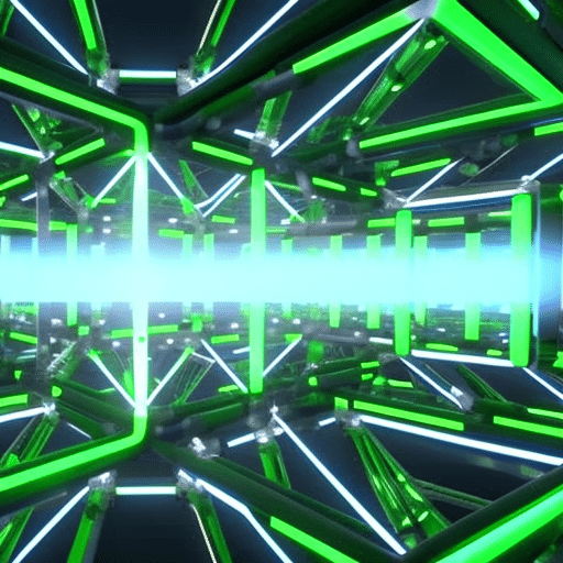 S of stacked, interconnected blocks, illuminated in green and blue energy, with a single larger block in the center, representing an efficient, sustainable mining solution