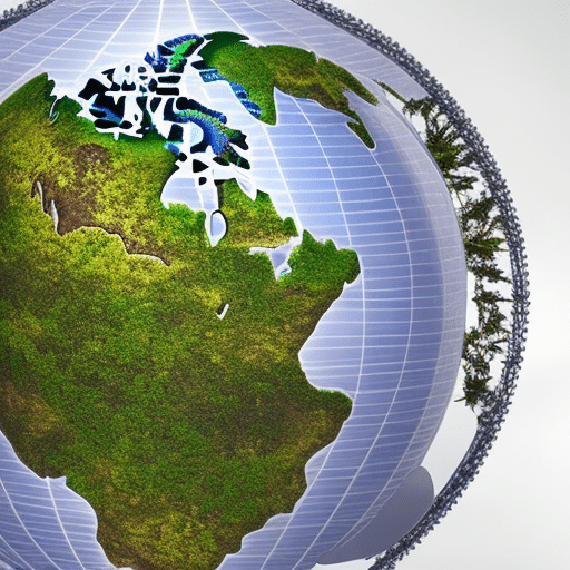 T, detailed illustration of an earth-shaped globe with a staking protocol in the form of a colorful, interwoven web of vines connecting its continents