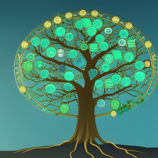 Stration of a large tree with roots and branches made of crypto coins to represent sustainable tokenomics in cryptocurrency