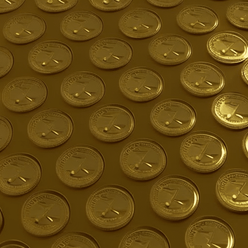 S of stylized gold coins and paper money arranged in a pyramid shape, with a few coins scattered across the top