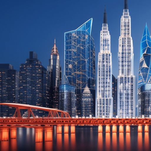 An image of a futuristic cityscape with towering skyscrapers made of Bitcoin symbols, interconnected by translucent bridges