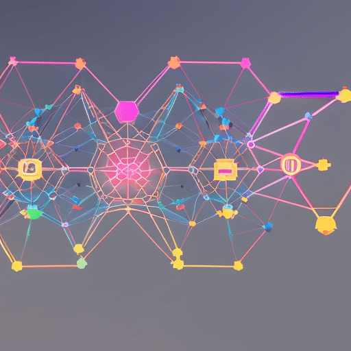 Ful, abstract illustration of a blockchain network with arrows showing the flow of cryptocurrency between nodes