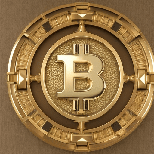 E of two interlocking puzzle pieces forming a shield-like shape, with a Bitcoin symbol in the center