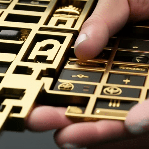 -up of a person's hand slowly revealing a golden key unlocking a digital chain of block shapes