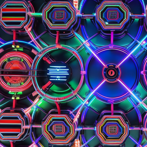 L network of computers, interconnected by lightning-fast cables, with each glowing monitor displaying a colorful, abstract pattern of digital coins